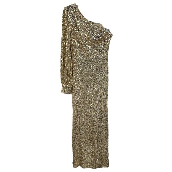 Ieena for Mac Duggal Gold Sequined One Shoulder Bishop Sleeve Trumpet Gown 8 - Picture 2 of 7